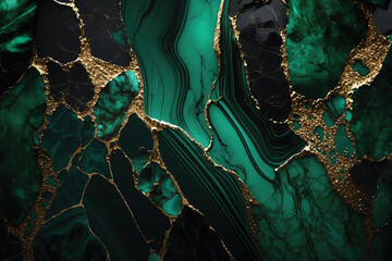 Abstract marble dark green and gold background. Invitation backdrop. Ai generated