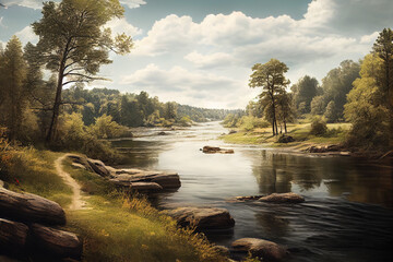 Flowing river at midday beautiful nature landscape, generative art