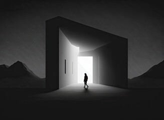 Silhouette of a person standing in a doorway, Black and white illustration. Generative AI