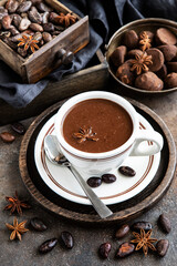 Hot cocoa drink with chocolate and cinnamon