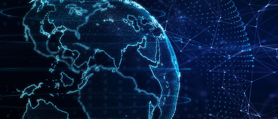 Blue futuristic background with planet Earth. Composition, representing the global, network connection, international meaning. Global social network. 3d illustration.