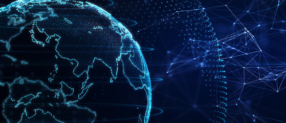 Blue futuristic background with planet Earth. Composition, representing the global, network connection, international meaning. Global social network. 3d illustration.