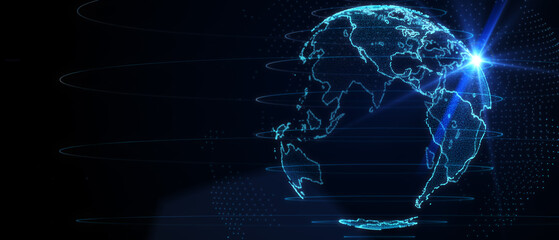 Blue futuristic background with planet Earth. Composition, representing the global, network connection, international meaning. Global social network. 3d illustration.