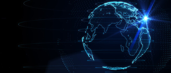 Blue futuristic background with planet Earth. Composition, representing the global, network connection, international meaning. Global social network. 3d illustration.
