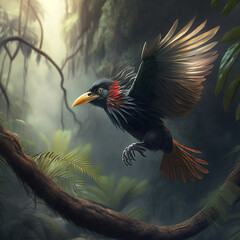 Beautiful bird flying over the jungle illustration. The concept of animals living in the forest. Generative AI.