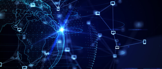 Blue futuristic background with planet Earth. Composition, representing the global, network connection, international meaning. Global social network. 3d illustration.