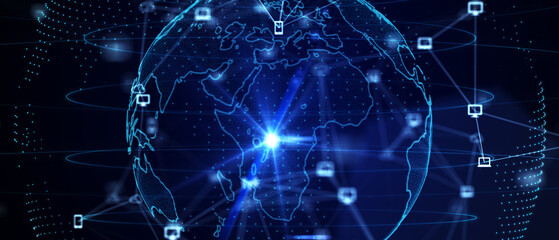 Blue futuristic background with planet Earth. Composition, representing the global, network connection, international meaning. Global social network. 3d illustration.