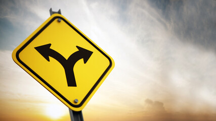 Road split sign on setting sun background. Decisions concept. 3D illustration © Destina