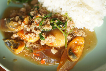 Stir-fried Century Egg. Preserved Egg and Minced Pork with Crispy Basil.