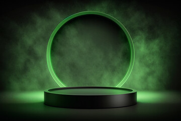 Green neon display platform, round product showcase stage with smoky hazy mist background for mockup, template, design