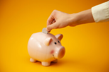 Close up, hand putting coins into the piggy bank.
Man making savings. Financial planning concept.