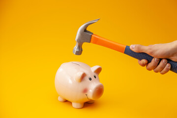 A pink piggy bank is about to be hit by a hammer. A hand holding a hammer which is raised above a...