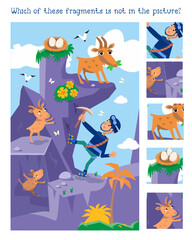 Obraz na płótnie Canvas Find fragments. Educational puzzle game for children. Cute characters, funny animals and boy, nature landscape. Vector illustration. Mountain and climber. 