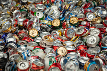 Recycle aluminum metal crushed can waste background. Beer cans garbage will be compressed and baled. Recycling concept. - obrazy, fototapety, plakaty