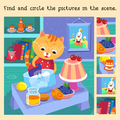 Find fragments. Educational puzzle game for children. Cute kitten making cake. Cartoon cat character in kitchen. Vector illustustratuon.
