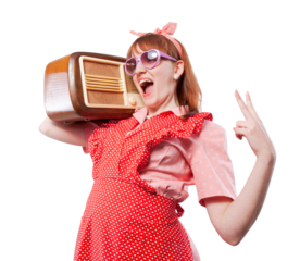 Funny vintage style housewife listening to music