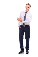 A formally dressed young man pointing out or indicating an empty space that could be utilized for a recommendation or endorsement isolated on a png background