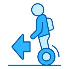 A man with a satchel rides a hoverboard, the direction is forward - icon, illustration on white background, color style