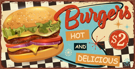 Vintage Burgers metal sign.Retro poster 1950s style.