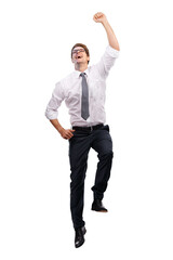 A jubilant businessman or entrepreneur jumping for joy or dancing in celebration of their company's target achievement, displaying overwhelming happiness isolated on a PNG background.