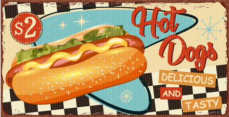 Vintage Hot Dogs metal sign.Retro poster 1950s style.