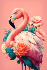 Exotic summer pink animal, flamingo covered with fresh spring flowers. Tropical background. Abstract animal concept. Illustration, Generative AI. - obrazy, fototapety, plakaty