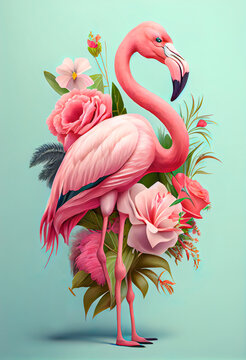 Exotic summer pink animal, flamingo covered with fresh spring flowers. Tropical background. Abstract animal concept. Illustration, Generative AI.