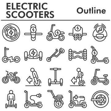 Set, electric scooters icons set - icon, illustration on white background, outline style