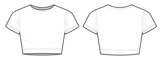 Fitted white cropped tee shirt flat technical fashion illustration. T-shirt fashion flat technical drawing template, front view, back view, white color, women, CAD mockup