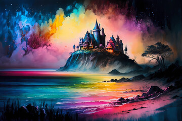 Colorful fantasy castle, abstract fantastic landscape, AI generated