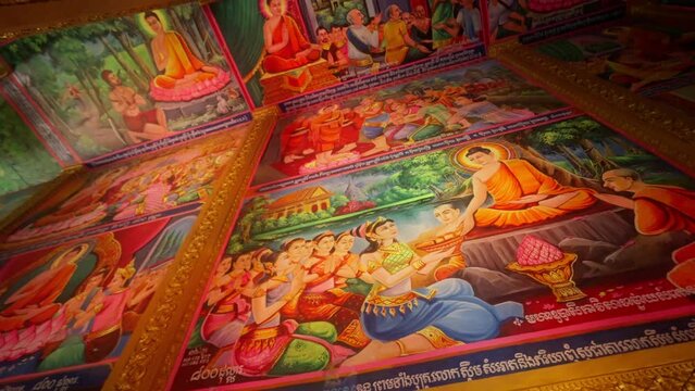 Ornate Frescoes In Buddhist Temple Interior