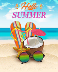 Summer Beach poster  with flip flops,cocktail and sunglasses. Vector illustration.