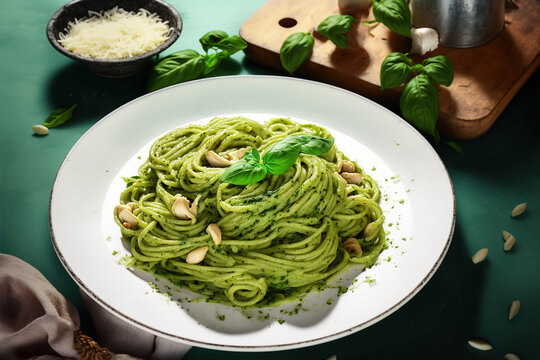 Delicious green pasta dish with pesto sauce and fresh herbs, served on a white plate, Italian food pesto pasta spaghetti, delicious healthy vegetarian AI Generative