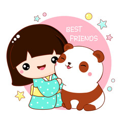 Obraz na płótnie Canvas Cute little girl hugging a panda. Inscription Best friends. Friends - girl and panda playing together. Square card in kawaii style. Vector illustration EPS8