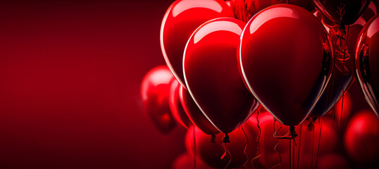 Red balloons on red background.. Holiday and celebration background. AI generated illustration