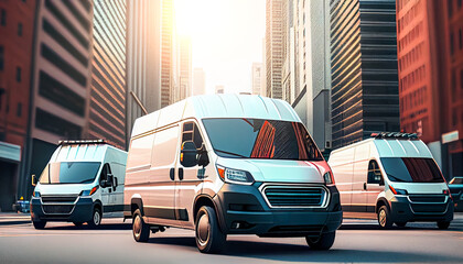 Delivery vans in the city with skyscrapers. Fast express delivery concept. AI generated illustration