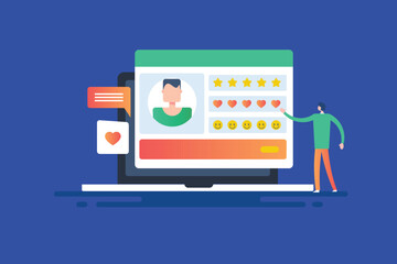 User reading online customer review on commercial website, positive feedback and rating concept, vector illustration banner.