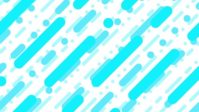 フラットなデザインの丸い点と角丸の太さ・大きさの違う線が斜めに流れていく背景向けアニメーション素材　フラット　白背景　水色・青よりの青緑