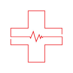 Red single line cross logo. Medical healthcare sign or symbol creative vector on white background.