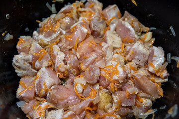 Bowl with piece raw pork meat for bbq