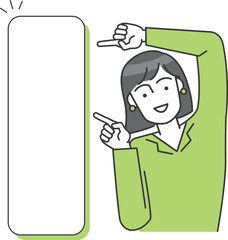 ジネスパーソン（女性）が両手で横のボードを指差しているベクターイラスト