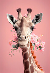 Exotic summer wild animal, giraffe with bouquet of fresh spring flowers. Tropical pastel pink background. Abstract love animal concept. Illustration, Generative AI. - obrazy, fototapety, plakaty