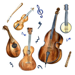 Fototapeta premium Guitar, violin, contrabass and banjo, mandolin watercolor illustration isolated. Set of stringed musical instruments hand drawn. Design element for flyer, live concert events, brochure, poster, print
