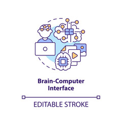 Brain computer interface concept icon. Control processes. Metaverse technology abstract idea thin line illustration. Isolated outline drawing. Editable stroke. Arial, Myriad Pro-Bold fonts used