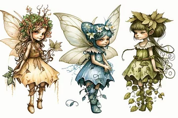 Three forest fairies girls isolated on white background. Generative ai.