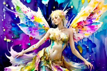 Obraz na płótnie Canvas Beautiful fairy girl with multicolored wings on white background.