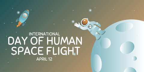 International day human space flight. 12 April Cosmonautics Day banner with rocket. Horizontal web banner.