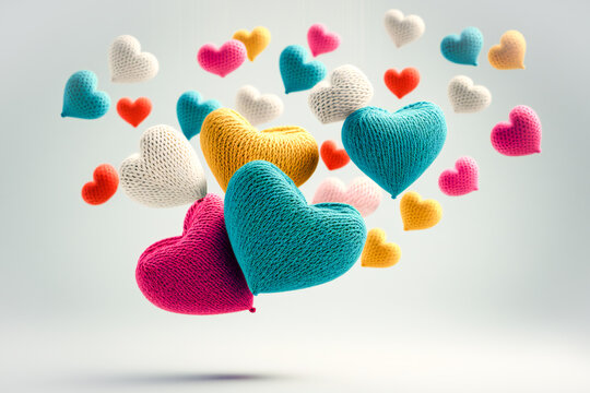A fantasy composition of a group of floating hearts made of different types of textile materials. Love and affection concept. Created with Generative AI technology.