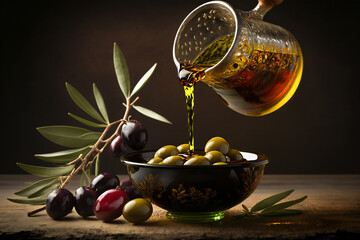 Olive oil being pored over olives in a vase. Organic, natural healthy food concept. Created with Generative AI technology.