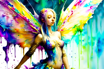 Obraz na płótnie Canvas Beautiful fairy girl with multicolored wings on white background.